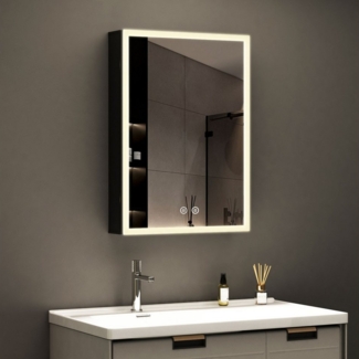 WDWRITTI Spiegelschrank klein 40x60cm Bad mit Beleuchtung Alu Badezimmerspiegelschrank Schwarz (Wandschrank Hängeschrank Anti-fog 3Lichtmodi Dimmbar, mit Speicherfunktion) Doppelseitiger Spiegel, IP44, mit Netzadapter