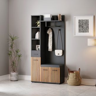 Merax 175cm Kompaktgarderoben, Startseite Mit 2 Schränken, Aufbewahrungsschrank mit 2 Kleiderhaken, Garderoben-Set Eingangsschrank, Garderobenständer mit Schuhbank, Polsterschrank, Schwarz + Holzfarbe