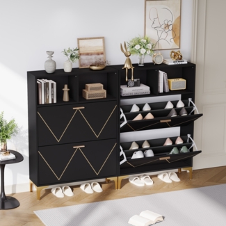 Merax Schuhschrank, mit 4 unteren Klapptüren, Flur-Schuhschrank mit 8Schuhablagefächern, Schrank mit 4 halboffenen Ablageflächen, Sideboard, Wohnzimmerschrank, Schwarz