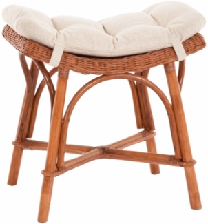 Krines Home Sitzhocker Fußhocker mit geschwungener Ablage, Stabiler Sitzhocker Schemel Hocker, aus echtem Rattan mit Kissen