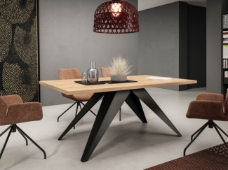 Esstisch Volnaw 140 mi 2 Einlegeplatten, Beine aus Stahl (Farbe: Schwarz / Eiche Craft Gold)