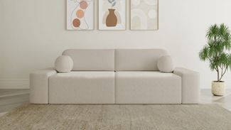 MOEBLO Sofa Lisbon aus Bouclé, – 268 cm – modernes Sofa mit Bettfunktion, Bettkasten & gepolstertem Rücken & Zierkissen – Komfort-Couch fürs Wohnzimmer, Couch Polstermöbel Sitzmöbel Wohnzimmermöbel 3-Sitzer-Sofa Stoffsofa, (BxHxT):268x85x110 cm