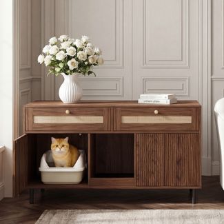 Merax Katzentoilettenschrank mit Sandfangmatte, Katzenschrank für Katzenklo, Haustierschrank mit Rattanschubladen, Haustier-Sideboard/TV-Schrank, Ohne Katzenklo, Nussbaumfarben