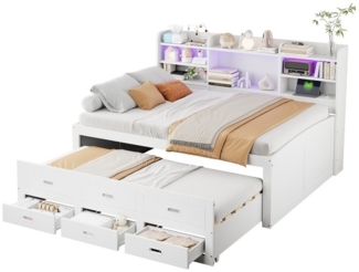 OKWISH Schlafsofa Stauraumbett Kinderbett, 140x200 mit LED & 3 Schubladen, USB+Typ-C, Ausziehbett, ohne Matratze