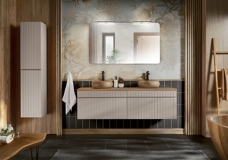 ICONIC Badmöbel-Set 160 cm mit einer Waschtischplatte, 2 Wiki-Aufsatzwaschbecken, einem Hochschrank und einem Spiegel (46x160cm), Kaschmir matt,Eichenküste Evoke