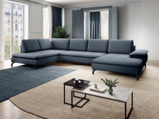 Vente-unique - Große Wohnlandschaft mit Schlaffunktion - Ecke links - Strukturstoff - Blau - ARCHIBALD