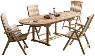 Sitzgruppe Teakholz 5-teilig mit Tisch und vier Armlehnstühlen Naturbelassen