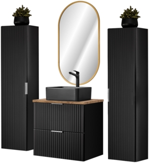 Badmöbel Komplett Set mit schwarzem Keramik Aufsatzwaschbecken, matt schwarz mit Eiche Nb, Front gerillt, ADELAIDE-56-BLACK, B/H/T ca. 160/200/46,5 cm