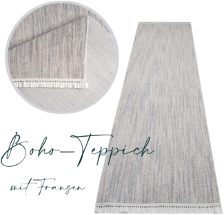 Teppich Läufer Flur - 80x300cm - Grau Multi Meliert - Fransen Loop Optik Boho Meliert Modern Pastell Wohnteppich Schlafzimmer Teppiche