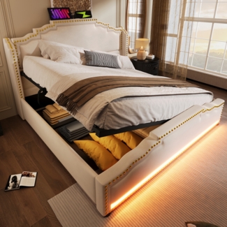 Polsterbett Vintage Bett mit hydraulischem Stauraum, LED-Beleuchtung und USB-C-Ladeanschluss, 160×200cm, ohne Matratze