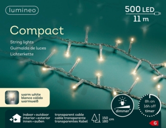 Lumineo LED-Lichterkette Lumineo Lichterkette COMPACT 500 LED 11 m warm weiß, transp. Kabel, Indoor/Outdoor, dimmbar, 8h-Timer, 5 m Zuleitung