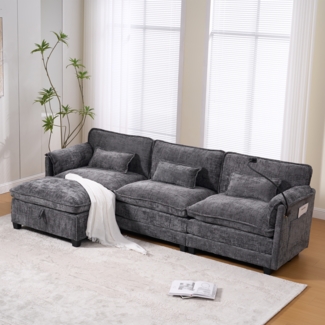 Flieks 3-Sitzer Schlafsofa aus Chenille, Ecksofa Mit USB-Anschluss, Seitentasche, Handyhalter und modularen Hockern, Grau