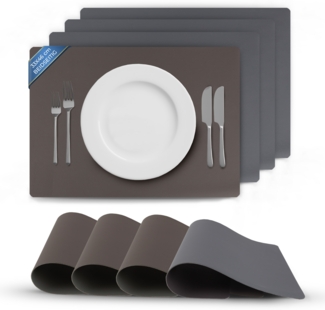 Bestlivings Tischset ( 4er Set ) abwischbares Lederimitat Platzdeckchen 46x33cm - Doppelseitiges Unifarben ( Grau / Dunkelgrau ) Kunstleder Platzset