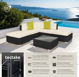 tectake Loungeset Rattan Sitzgruppe mit Sicherheitsglasplatte, 2 extra Kissen, (Gartenlounge-set Paris, 6-tlg, geeignet für Outdoor in Schwarz), wetterfest und UV-beständig, Dicke der Polster 10 cm