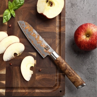 ZAYIKO Santokumesser MysticMagma Küchenmesser 12,5cm Kupfer-Bronze-Damastklinge, Damaststahl, Kupfer-Bronze-Einlage