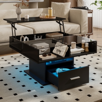 Merax Couchtisch Multifunktionaler Hochglanz-Lift-Couchtisch mit LED-Beleuchtung, verstellbarer Höhe & flexiblem Stauraum, Schwarz