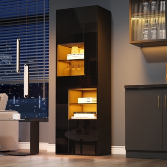 Merax 170cm Verkaufsvitrine, Hochschrank mit 1 Schublade und 4 Schränken, Glasvitrine Vitrinenschränke mit led beleuchtung, Vitrinen Mit Hochglanz-Design, Schwarz