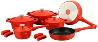 Royalty Line Topf-Set Kochtopf Kasserolle Bratpfannen Set 14-tlg Royalty Line rot RL-OS1014M, Material: Aluminium (Set aus 4 Kochtöpfen, 4 Glasdeckeln, 2 Pfannen, 4 Silikonhaltern)