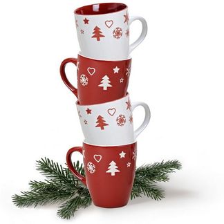 matches21 HOME & HOBBY Tasse Weihnachtstassen 4er Set einfarbig Skandi Weihnachtsdeko, Keramik, Tee Kaffee-Becher, Weihnachten, Vintage, rot weiss, 300 ml