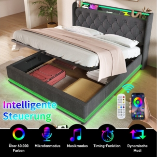HAUSS SPOLE Polsterbett 180x200cm mit LED-Beleuchtung, Ladefunktion Grau Leinen mit Matratze