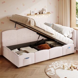 MODFU Polsterbett Schlafsofa multifunktionales Bettsofa (Einzelbett, Stauraumbett, Gästebett, 1-tlg, 90x200 cm, ohne Matratze), mit hydraulischem Stauraum und Ladefunktion