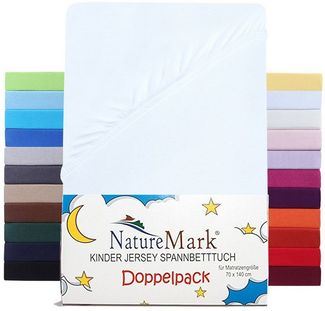 NatureMark 2er Pack Kinder JERSEY Spannbettlaken, Spannbetttuch 100% Baumwolle in vielen Größen und Farben MARKENQUALITÄT ÖKOTEX STANDARD 100 | 70x140 cm - weiß