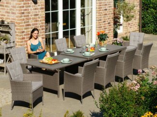 KONIFERA Garten-Essgruppe Mailand, (Set, 31-tlg, 10x Sessel, 1x AZ-Tisch 179-302 cm, inkl. Auflagen), Polyrattan, Stahl, Braun