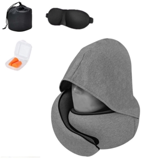 OKWISH Nackenkissen Reise-Nackenkissen mit Kapuze aus Memory-Foam, Ergonomisches Kopf Nackenstützkissen inkl, 1-tlg, Augenmaske Ohrstöpsel, Komfortables Schlafkissen für Flugzeug, Auto Zug Büro