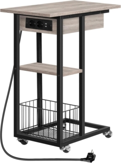 HOOBRO Beistelltisch Ladestation C-Form Sofatisch Räder Ablage Greige-Schwarz