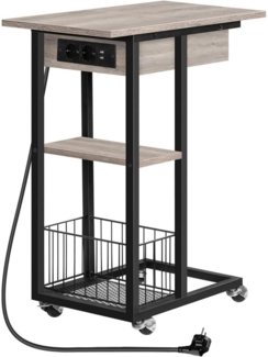 HOOBRO Beistelltisch Ladestation C-Form Sofatisch Räder Ablage Greige-Schwarz