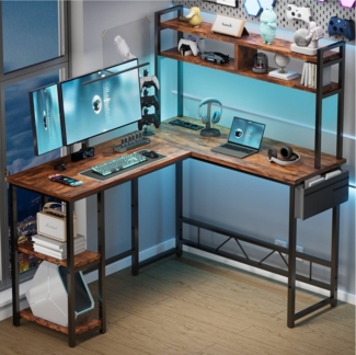 GUNJI Eckschreibtisch 160 * 115cm Schreibtisch mit LED und USB L-förmiger Computertisch