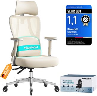 SONGMICS Bürostuhl ergonomisch, Schreibtischstuhl, Gaming-Stuhl, verstellbare Lenden-, Kopfstütze, Armlehnen, für Verschiedene Körpergröße, bis zu 150 kg belastbar, Kamelbraun- wolkenweiß OBN067LJ01