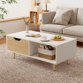 Lexzurn Couchtisch Couchtisch, Kaffeetisch, Sofatisch mit Schubladen (106 x 58 x 39,5 cm), und offenen Ablagefächern, Wohnzimmertisch, Weiß+Naturholz