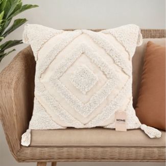 HOME DELUXE Getufteter Kissenbezug JARA Raute mit Pompoms - Creme