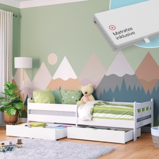 Bellabino 'Kuru' Kinderbett 90x200 cm mit Matratze und 2 Schubladen, weiß, Jugendbett mit Rausfallschutz und Lattenrost