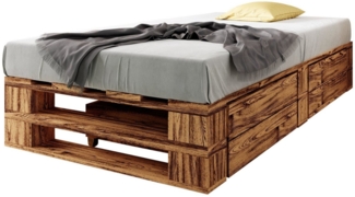 sunnypillow Palettenbett M2 aus Holz 120x200 cm mit Lattenrost und 2 Bettkästen. Stabiles Seniorenbett Kinderbett Jugendbett Gästebett erhöhtes Einzelbett Bettgestell Futonbett Komforthöhe Geflammt