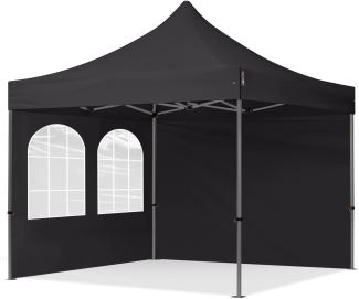 3x3 m Faltpavillon, PREMIUM Stahl 40mm, Seitenteile mit Sprossenfenstern, schwarz