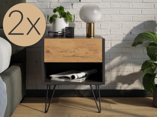 2er Set Nachttisch Dion 40cm SoftClose stehend Grafit & Eiche Front : Oak Gold / Grafit
