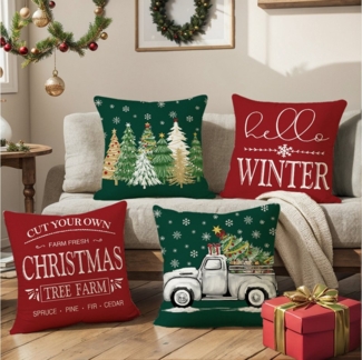Jibenhome Kissenbezüge Weihnachten Kissenbezug 45x45 cm,Leinen,4 Stück,für Dekokissen Deko, (4 Stück), Quadratisch Zierkissenbezug für Weihnachten Bett Sofa Esszimmer Deko