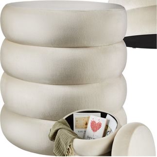 tectake® Hocker mit Stauraum, Scandi Sitzhocker Samt Stoff, Pouf, Polsterhocker rund für Schminktisch, Schlafzimmer, Wohnzimmer Möbel, als Flur Möbel, Stauhocker Wohnen - Samtoptik Creme-weiß