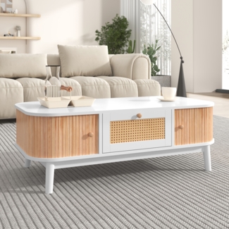Eleganter Couchtisch 110×55×38,5 cm mit Massivholz-Akzenten, Stauraum, Rattan-Details, Weiß Holzoptik Wohnzimmertisch