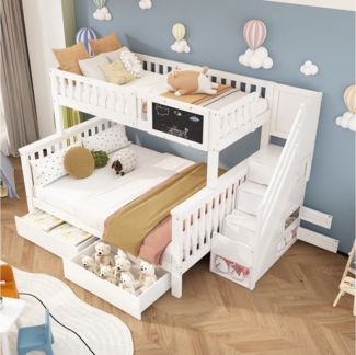 Ulife Etagenbett Doppelbett, multifunktionales Hochbett mit Tafel und Schubladen (Ohne Matratze), Jugendbett, 90x200 + 140x200 cm