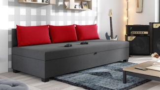 Schlafsofa Misti III - Einzelbett mit Kissen, Sofa mit Bettkasten, Bettsofa, Farbauswahl, Bettgestell, Komfortbett, Bett für Jugendzimmer, Schlafmöbel (Graphit + Rot (Lux 06 + Lux 14))