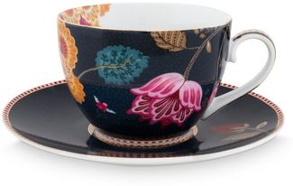 PiP Studio Tasse Fantasy Denim Blue Cappuccino Tasse mit Untertasse 0,28l, Porzellan