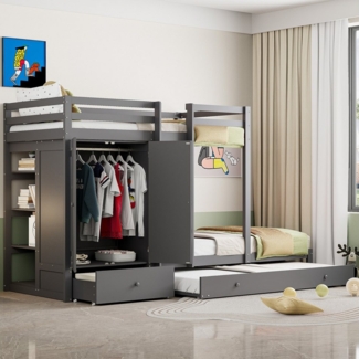 Merax Etagenbett mit Kleiderschrank und Bücherregal, Hochbett mit Ausziehbett, Kinderbett Kiefer mit Leiter, 90x200 cm