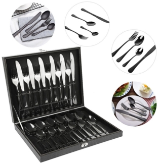 JEOBEST Besteck-Set Besteck Set 6 Personen, Essbesteck Set, Hochwertiges Edelstahlbesteck, 6 Personen, 24 teilig Edelstahl Besteckset Schwarz Matt, Spülmaschinenfest