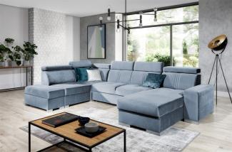 Wohnlandschaft Schlafsofa NOLAN inkl USB Stoff Monolith Hellblau Ottomane Rechts