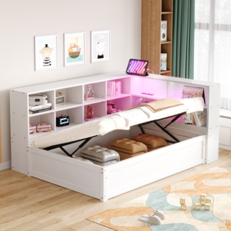 Merax Daybett LED Einzelbett, Schlafsofa 90*200, mit Mehrfachsteckdose und mehreren Staufächern, hydraulisches Bett, Massivholzbett, multifunktionales Holzbett, Weiß