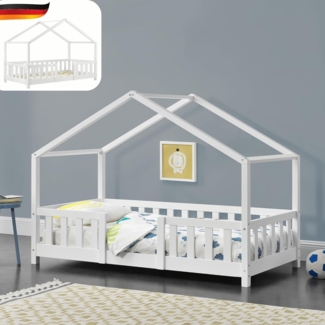 DELUKE® Kinderbett 80x160 cm MILA - mit Lattenrost Rausfallschutz Hausbett Kinder Haus Bett Kinderzimmer Bodenbett Einzelbett Kinder Bett Klein Kinderbett Montessori Bett Weiß