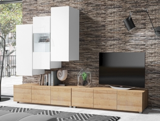 AX LIVING Anbauwand Wohnzimmer Kossana 11 – 300cm Weiß/Goldene Eiche